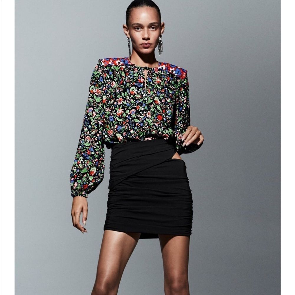 Zara floral print shoulder pad patchwork blouse